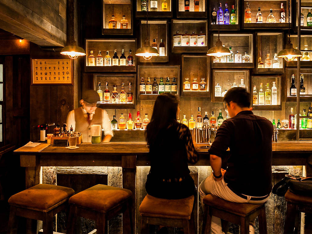 The reclaimed-wood bar at The Woodshed